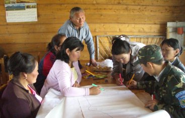 En la figura, las Comunidades de Mongolia dibujan un mapa de agua, recursos hídricos y los problemas sanitarios relacionados. Fuente: K. CONRADIN (2007)